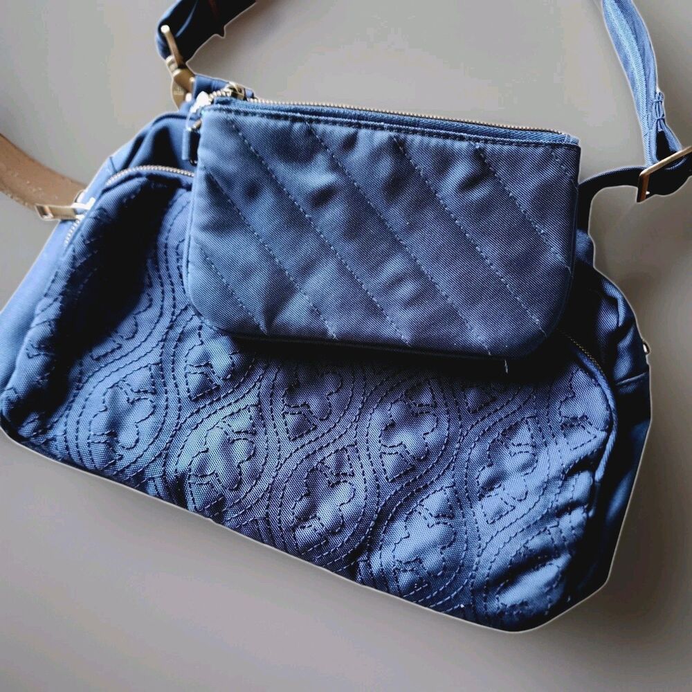 2 Pc Travelon RFID Bag Blue Nylon Crossbody Sling Gold Lining Matching Wristlet